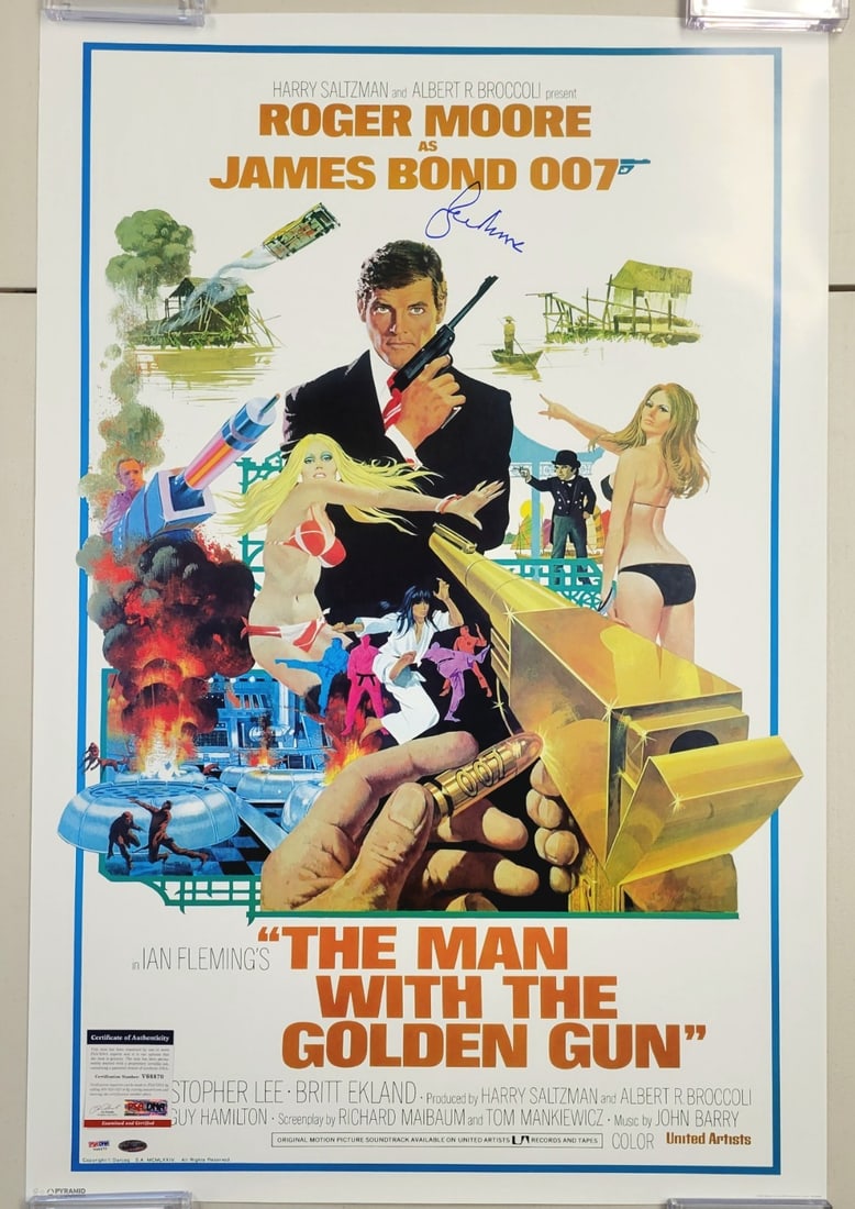 24x36 Movie Poster Signed by Roger Moore PSA DNA: 24x36 Movie Poster Signed by Roger Moore PSA DNA This is a 24x36 inch movie poster for "The Man With the Golden Gun" that has been signed by Roger Moore. The autograph has been authenticated by PSA/DN