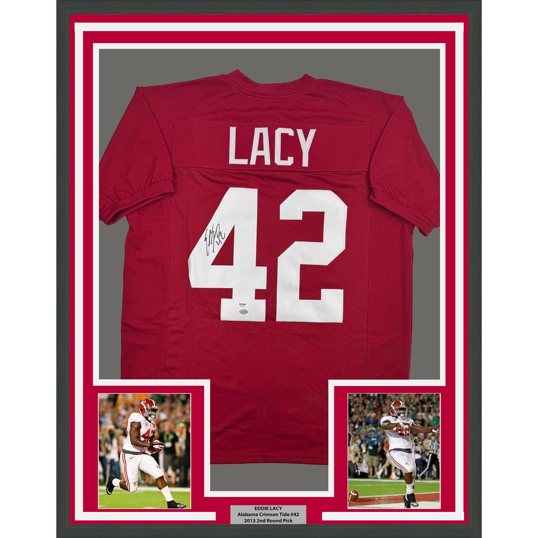 Eddie Lacy Signed Alabama Crimson Tide Framed Jersey with PSA COA 35x39: Eddie Lacy Signed Alabama Crimson Tide Framed Jersey with PSA COA 35x39 This professionally framed and matted Alabama Crimson Tide college jersey features the autograph of Eddie Lacy. The display incl