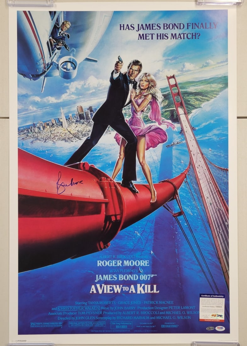 A View to a Kill 24x36 Poster Signed by Roger Moore with Beckett Authentication: A View to a Kill 24x36 Poster Signed by Roger Moore with Beckett Authentication This is an original 24x36 inch movie poster for "A View to a Kill," signed by Roger Moore. The autograph is authenticate