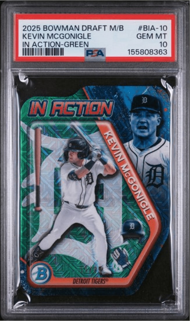 PSA 10 Kevin McGonigle 2025 Bowman Draft Green /99 Rookie Card: PSA 10 Kevin McGonigle 2025 Bowman Draft Green /99 Rookie Card Graded 2025 Bowman Draft Kevin McGonigle #BIA10 In Action Green rookie card, encapsulated by PSA and assigned a Gem Mint 10 grade. This s