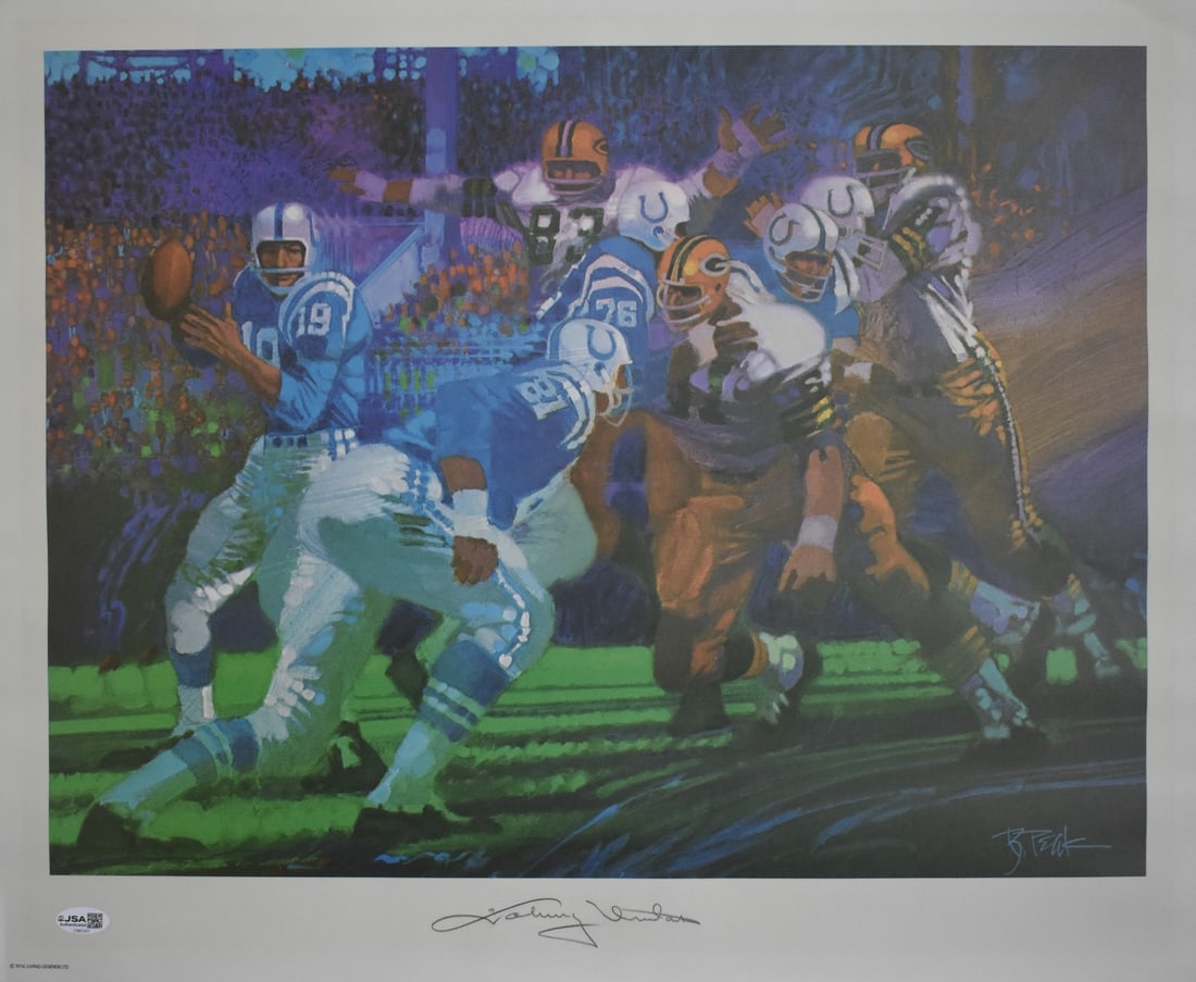 18x22 Artist Print Signed by Johnny Unitas HOF Colts JSA 211939: 18x22 Artist Print Signed by Johnny Unitas HOF Colts JSA 211939 Original Johnny Unitas HOF autographed artist print featuring the Colts. This pre-owned football collectible is presented as an 18x22 pr