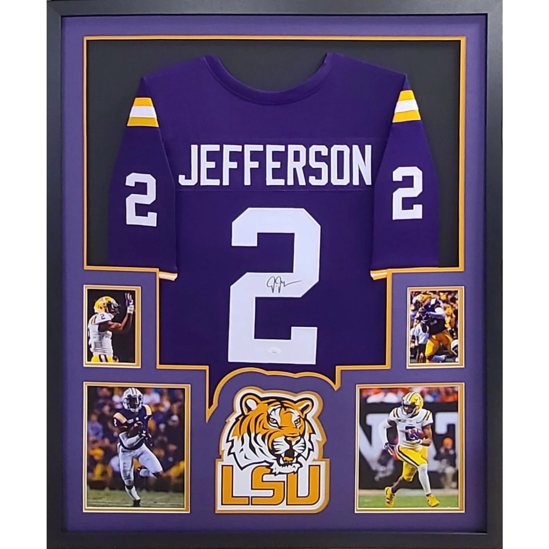 Justin Jefferson Autographed Framed Jersey JSA Certified LSU 42x34: Justin Jefferson Autographed Framed Jersey JSA Certified LSU 42x34 This autographed Justin Jefferson framed jersey is a must-have for any LSU fan. Authenticated by JSA, a leading name in sports memora