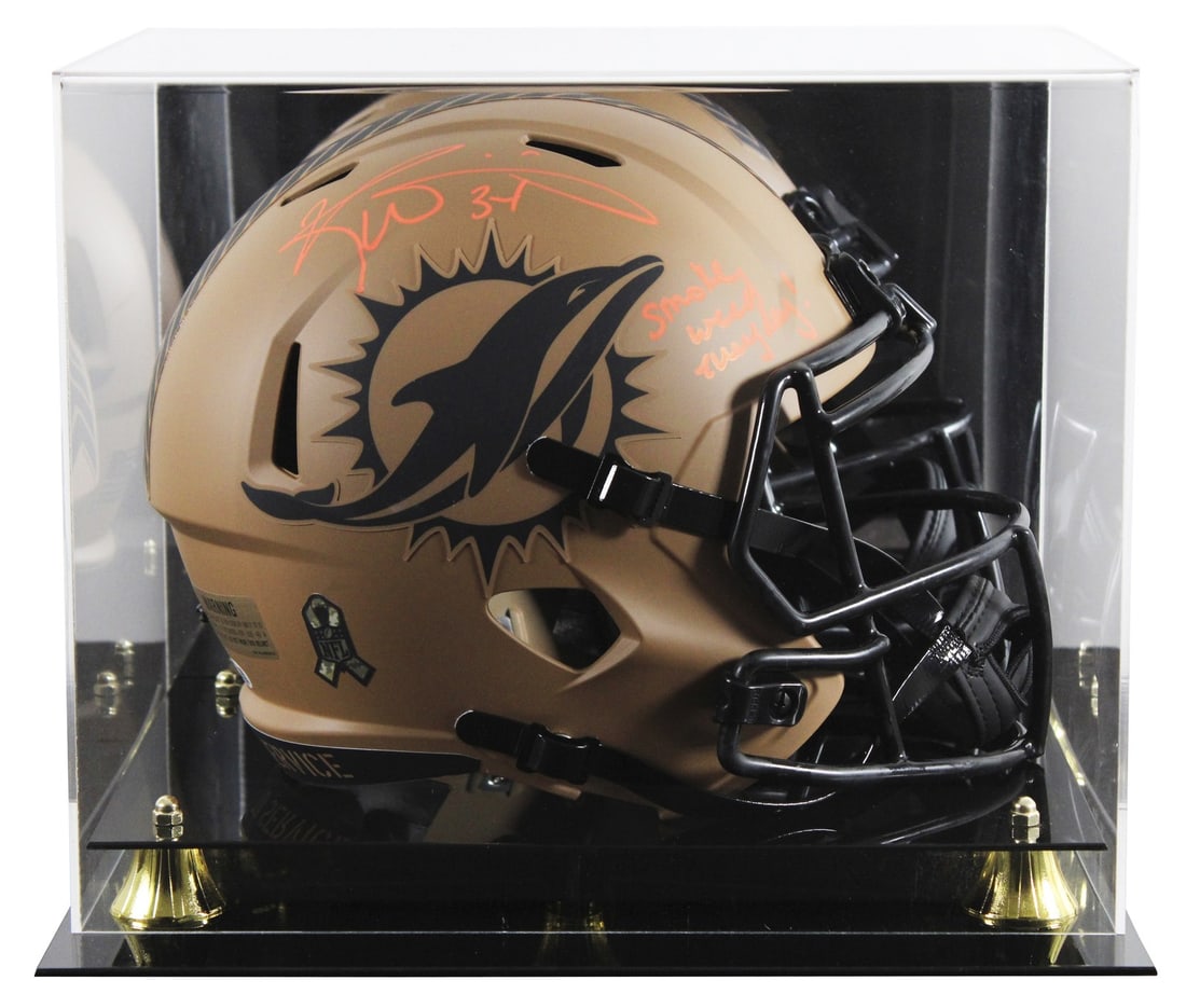 Ricky Williams Signed Dolphins Salute To Service Helmet With Case JSA Witnessed: Ricky Williams Signed Dolphins Salute To Service Helmet With Case JSA Witnessed This Miami Dolphins Alternate Salute To Service II Riddell full-size Speed replica helmet has been personally signed by 