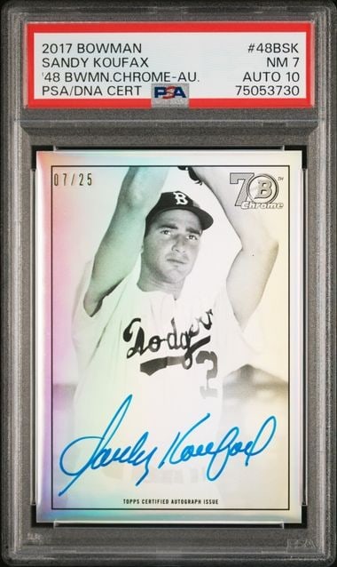 Sandy Koufax 2017 Bowman Chrome #48BSK PSA 10 Auto Limited Edition 07/25: Sandy Koufax 2017 Bowman Chrome #48BSK PSA 10 Auto Limited Edition 07/25 This collectible features Sandy Koufax, a legendary pitcher for the Los Angeles Dodgers, represented in the 2017 Bowman 1948 Bo
