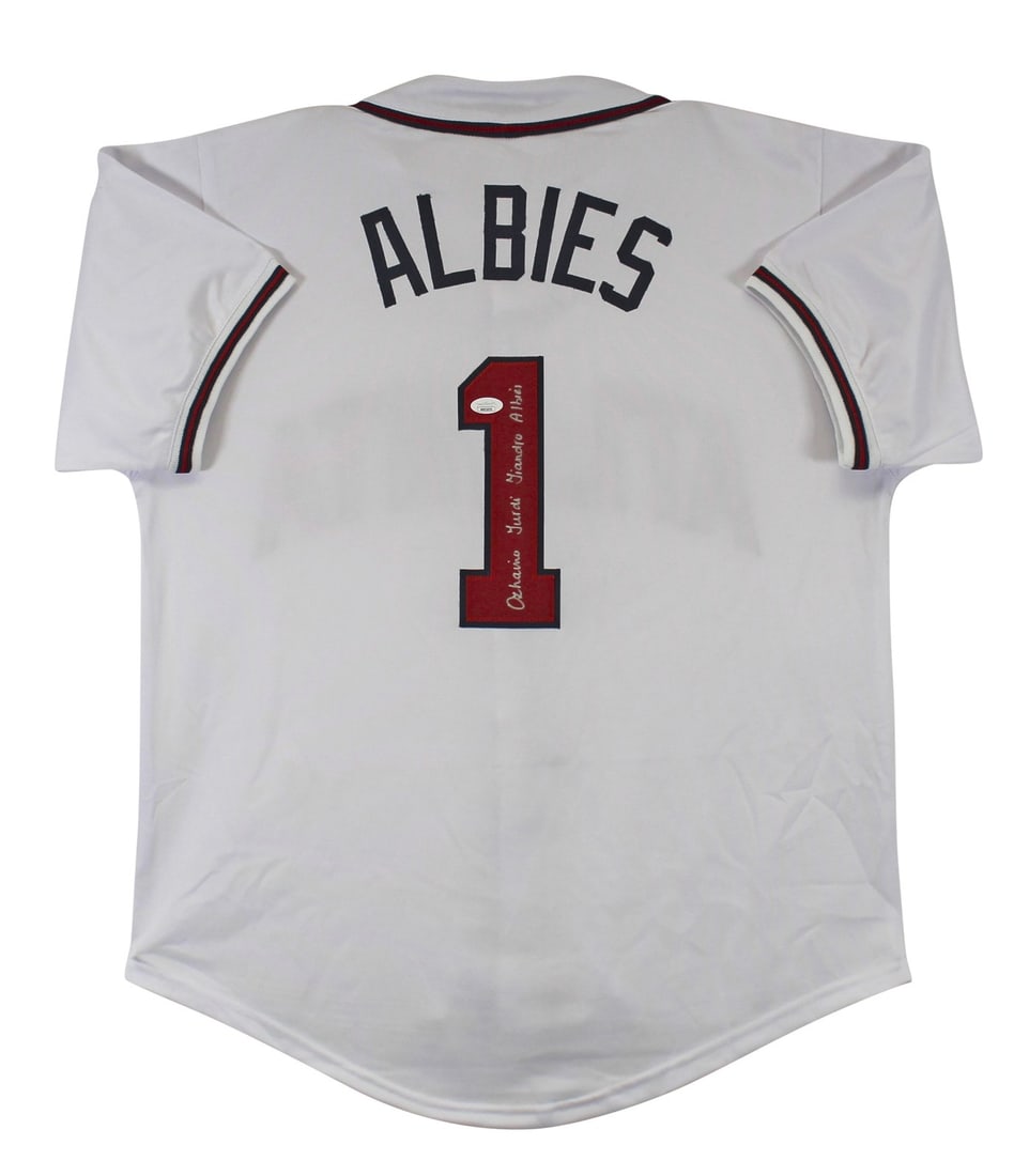 Ozzie Albies Autographed White Jersey Atlanta Braves JSA COA: Ozzie Albies Autographed White Jersey Atlanta Braves JSA COA Celebrate your fandom with this Ozzie Albies Authentic Full Name Signed White Pro Style Jersey. Personally signed by Ozzie Albies of the At