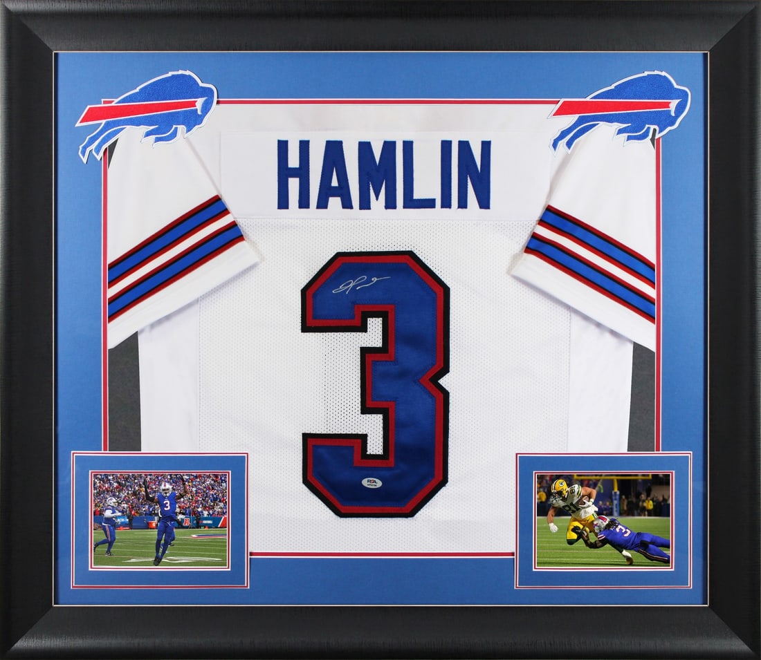 Framed autographed Damar Hamlin white pro style jersey PSA DNA: Framed autographed Damar Hamlin white pro style jersey PSA DNA Autographed white pro style framed jersey personally signed by Damar Hamlin of the Buffalo Bills. The item is original and comes with PSA