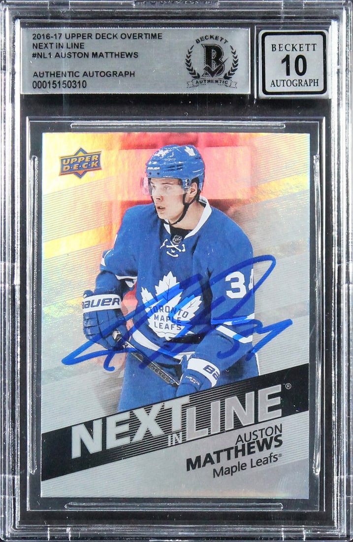Auston Matthews Signed 2016 UD Overtime NIL Rookie Card Auto 10 Beckett Authenticated: Auston Matthews Signed 2016 UD Overtime NIL Rookie Card Auto 10 Beckett Authenticated This is a 2016 Upper Deck Overtime Next In Line #NL1 Rookie Card personally signed by Auston Matthews of the Toron