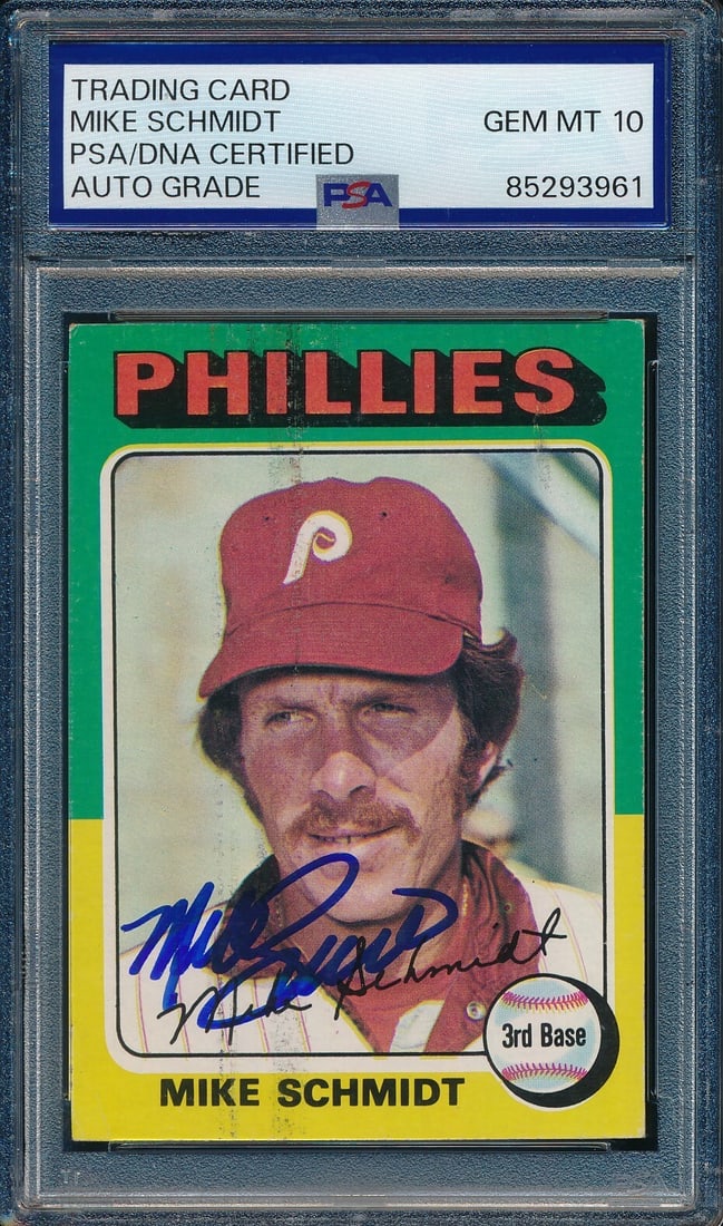 1975 Topps Mike Schmidt #70 Autographed PSA/DNA GEM MINT 10: 1975 Topps Mike Schmidt #70 Autographed PSA/DNA GEM MINT 10 This listing features a 1975 Topps #70 baseball card, autographed by Hall of Famer Mike Schmidt of the Philadelphia Phillies. The signature 