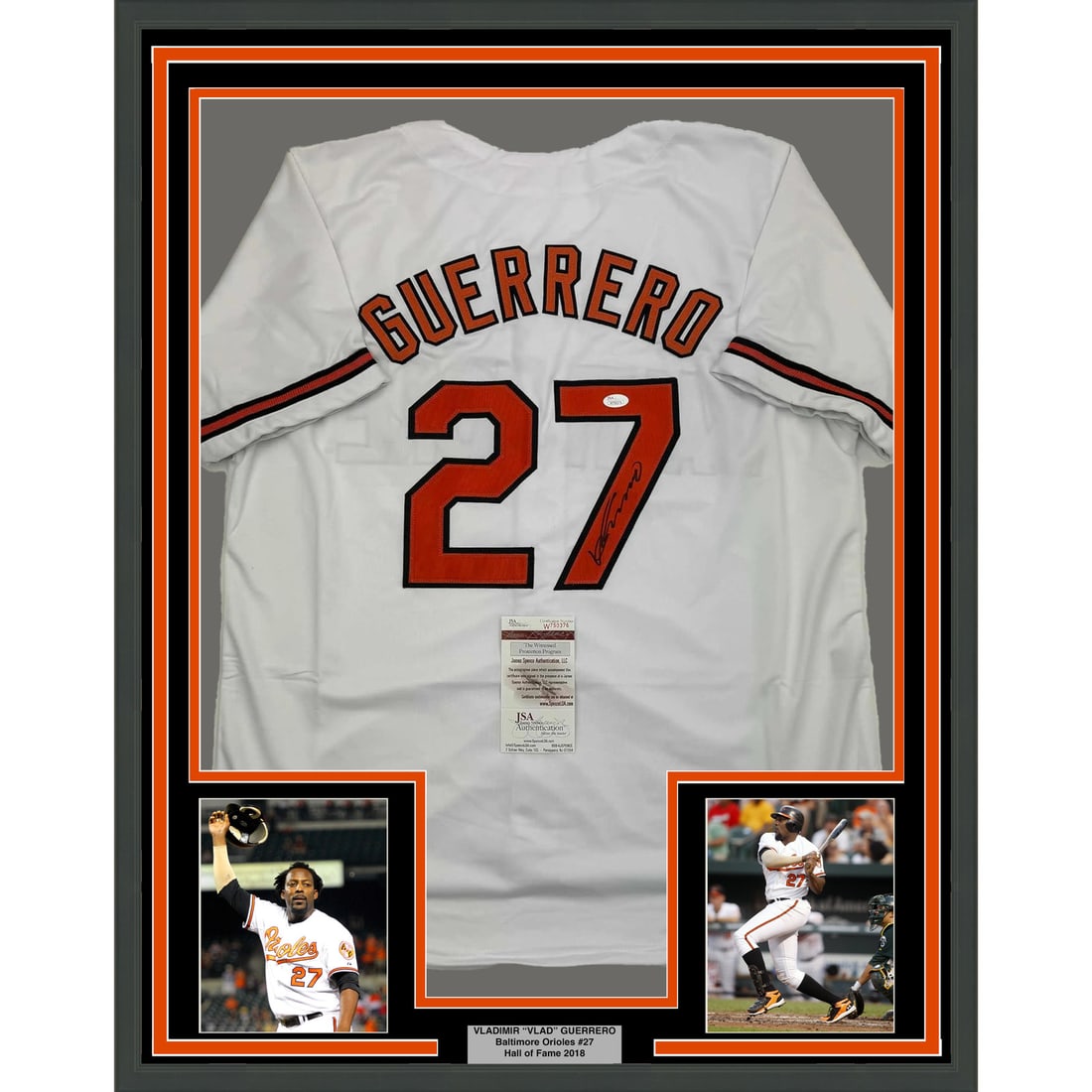 Framed Autographed Vladimir Guerrero Baltimore Orioles Jersey JSA COA: Framed Autographed Vladimir Guerrero Baltimore Orioles Jersey JSA COA Celebrate the legacy of Vladimir Guerrero with this professionally framed autographed Baltimore Orioles jersey. Measuring 35x39 in