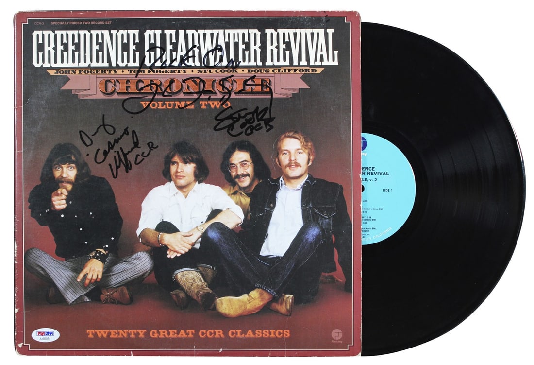 Chronicle Album Signed by Fogerty Cook Clifford with PSA Authentication: Chronicle Album Signed by Fogerty Cook Clifford with PSA Authentication This pre-owned Creedence Clearwater Revival 'Chronicle Volume Two' album cover with vinyl has been personally signed by John Fog