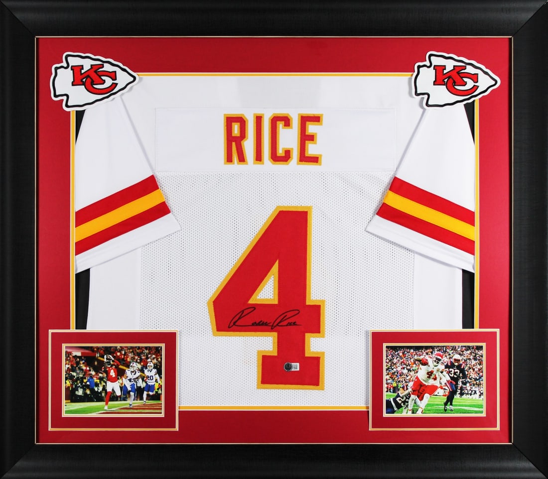Framed Kansas City Chiefs Rashee Rice autographed jersey Beckett: Framed Kansas City Chiefs Rashee Rice autographed jersey Beckett This white pro style framed jersey has been personally signed by Rashee Rice of the Kansas City Chiefs. The autograph is authenticated 