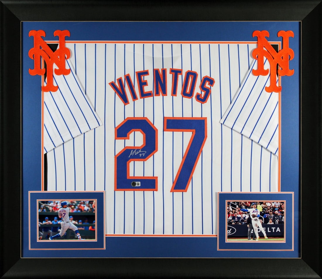 Framed Mark Vientos Signed New York Mets Pinstripe Jersey Beckett BAS: Framed Mark Vientos Signed New York Mets Pinstripe Jersey Beckett BAS This autographed white pinstripe pro style framed jersey has been personally signed by Mark Vientos of the New York Mets. It is an