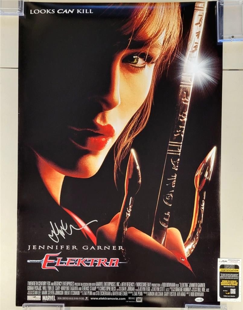 Elektra 24x36 Poster Hand Signed by Jennifer Garner with JSA Authentication: Elektra 24x36 Poster Hand Signed by Jennifer Garner with JSA Authentication This original Elektra movie poster features the autograph of Jennifer Garner. The 24x36 inch poster comes authenticated by J