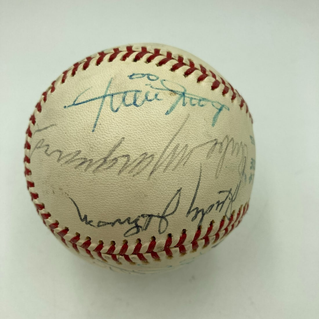 Willie Mays Multi Signed Baseball with 16 Signatures JSA Authenticated: Willie Mays Multi Signed Baseball with 16 Signatures JSA Authenticated This is an original 1970s Hall of Fame induction multi-signed Official American League Baseball featuring the autographs of baseb