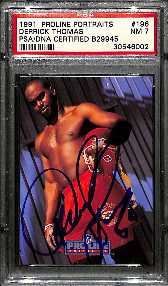 Derrick Thomas Autographed 1991 Pro Line Portraits #196 PSA/DNA NM 7: Derrick Thomas Autographed 1991 Pro Line Portraits #196 PSA/DNA NM 7 This is a signed 1991 Pro Line Portraits trading card featuring Derrick Thomas, the legendary linebacker of the Kansas City Chiefs 