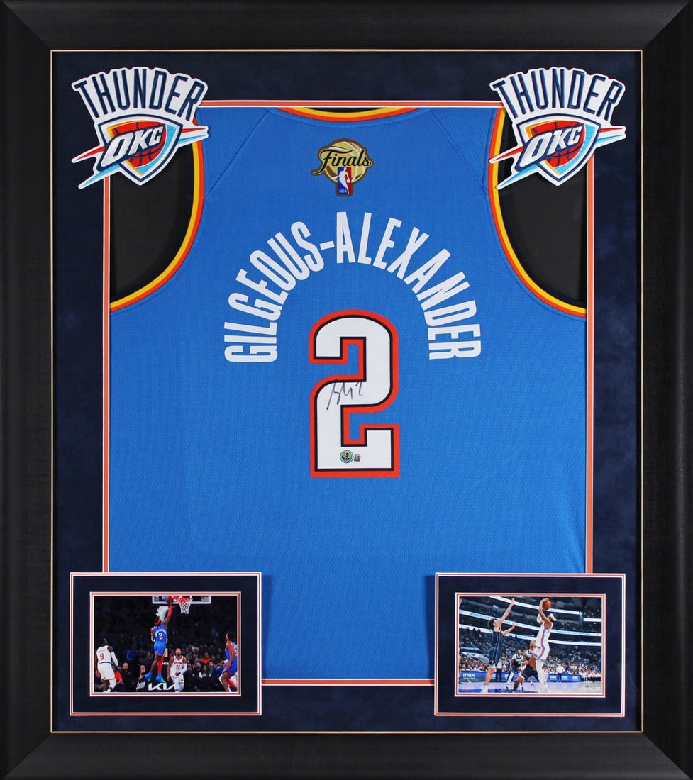 Shai Gilgeous-Alexander Framed Signed Blue Nike Jersey Beckett Authenticated: Shai Gilgeous-Alexander Framed Signed Blue Nike Jersey Beckett Authenticated This framed blue Nike Icon NBA Finals Edition Swingman jersey has been personally signed by Shai Gilgeous-Alexander of the 