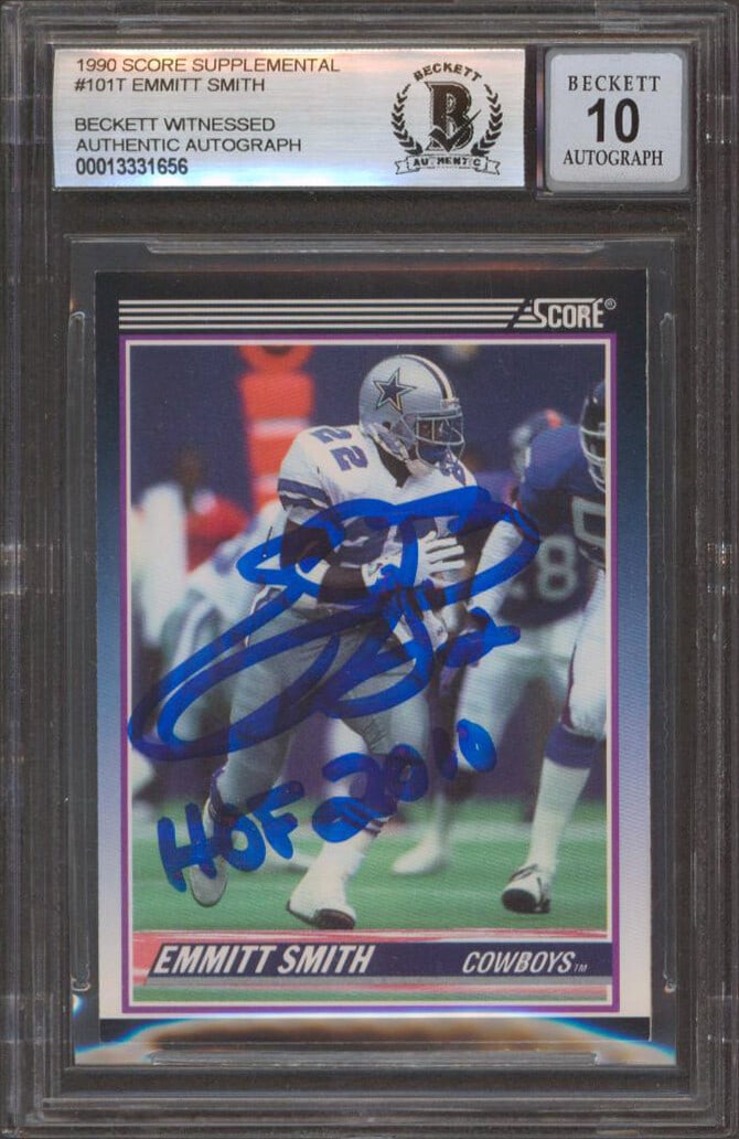Emmitt Smith Signed 1990 Score #101T RC Card Auto 10 HOF 2010 Beckett: Emmitt Smith Signed 1990 Score #101T RC Card Auto 10 HOF 2010 Beckett This collectible features a 1990 Score Supplemental #101T rookie card of Emmitt Smith, a legendary player for the Dallas Cowboys. 
