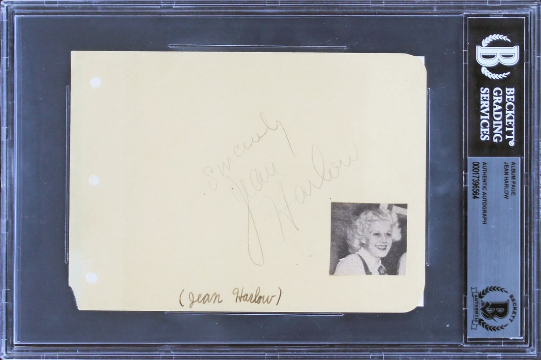 Jean Harlow Signed 4.5x6 Album Page Beckett Authenticated Autograph Slabbed: Jean Harlow Signed 4.5x6 Album Page Beckett Authenticated Autograph Slabbed This is an original 4.5x6 album page autographed by Jean Harlow, renowned for her role in "Saratoga." The signature has been