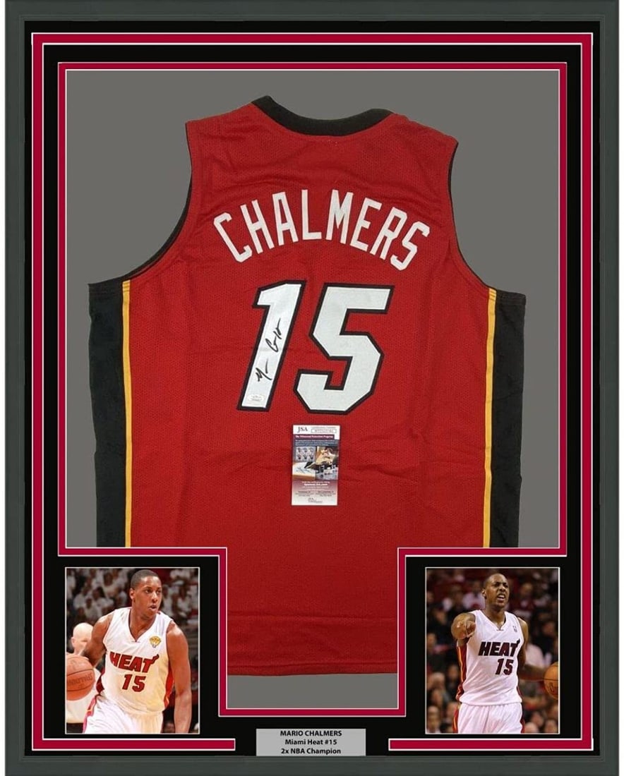 Framed Autographed Mario Chalmers Miami Heat Jersey with JSA COA: Framed Autographed Mario Chalmers Miami Heat Jersey with JSA COA Celebrate your love for basketball with this professionally framed and autographed Mario Chalmers jersey. This striking 33"x42" red jer