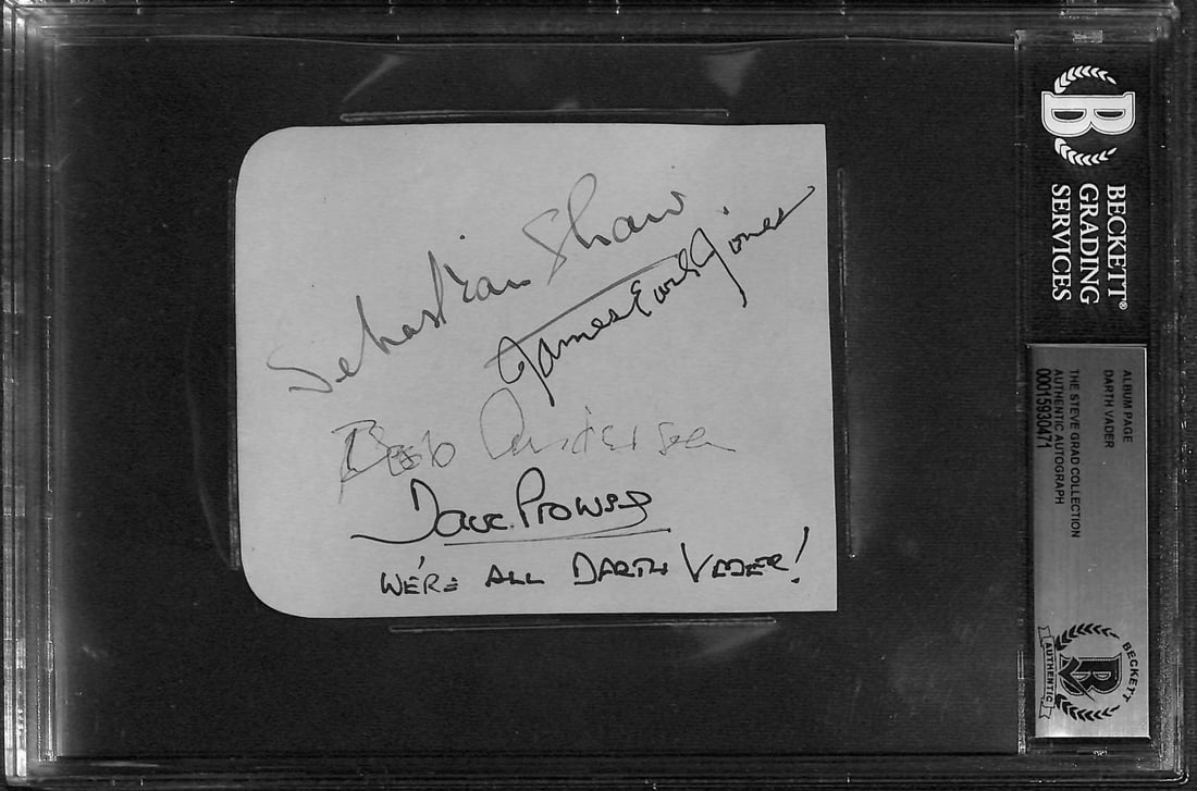 One of a Kind Darth Vader Signed Album Page by 4 Actors Beckett Authenticated: One of a Kind Darth Vader Signed Album Page by 4 Actors Beckett Authenticated This extraordinary piece of memorabilia is an original album page signed by the four iconic figures who brought Darth Vade
