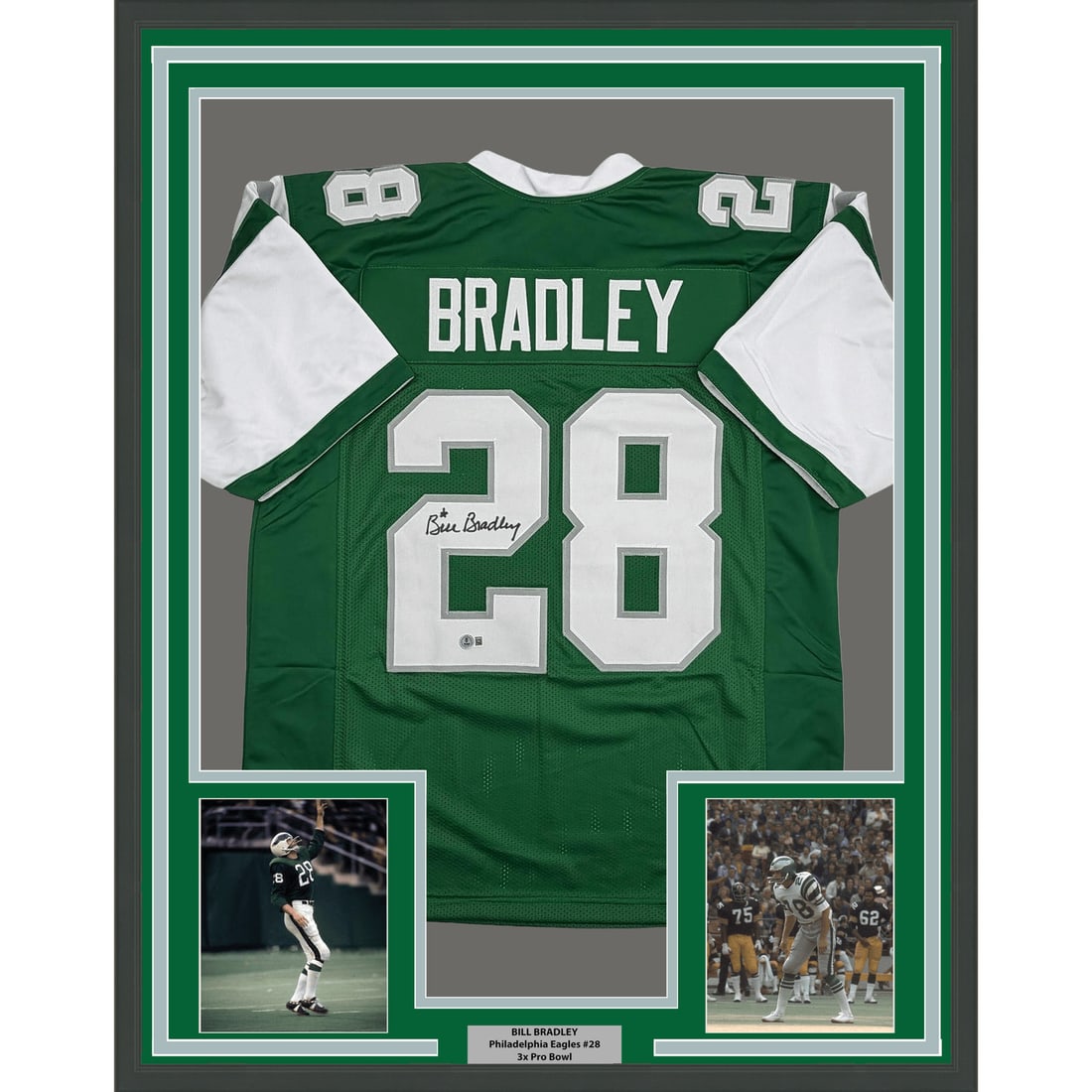 Philadelphia Eagles Bill Bradley Signed Framed Jersey Beckett COA 35x39: Philadelphia Eagles Bill Bradley Signed Framed Jersey Beckett COA 35x39 Professionally framed and matted autographed Bill Bradley Philadelphia Eagles jersey in Kelly green. This original football coll