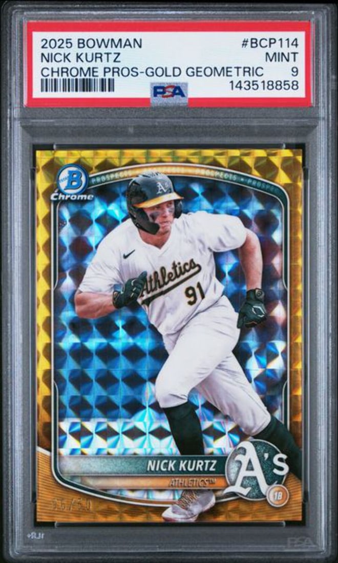 PSA 9 Gold Geometric 2025 Bowman Chrome Nick Kurtz Rookie Card #BCP114: PSA 9 Gold Geometric 2025 Bowman Chrome Nick Kurtz Rookie Card #BCP114 This is an original 2025 Bowman Chrome Gold Geometric Rookie Card featuring Nick Kurtz of the Oakland Athletics. The card is