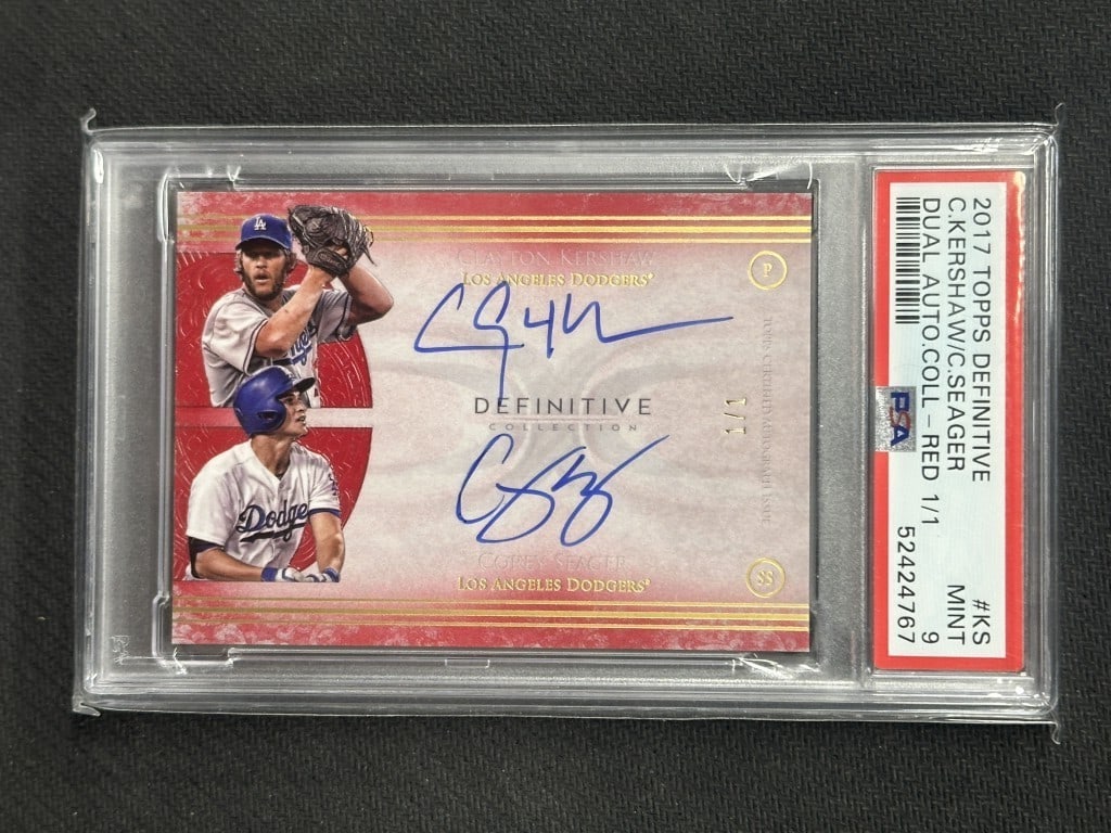 2017 Topps Definitive Clayton Kershaw Corey Seager Dual Auto Red PSA 9 #KS: 2017 Topps Definitive Clayton Kershaw Corey Seager Dual Auto Red PSA 9 #KS This is a rare 2017 Topps Definitive Dual Autograph Baseball Card featuring both Clayton Kershaw and Corey Seager, graded a