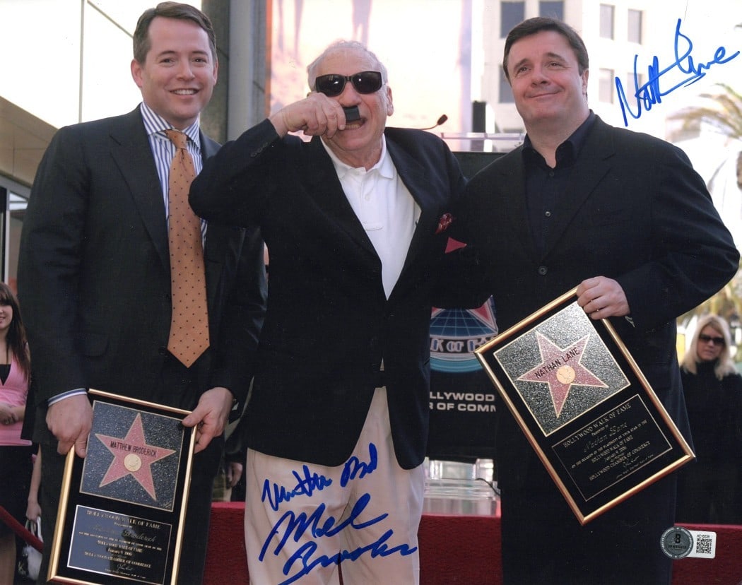 Mel Brooks Matthew Broderick Nathan Lane Signed 11X14 Photo Beckett Authenticated: Mel Brooks Matthew Broderick Nathan Lane Signed 11X14 Photo Beckett Authenticated This remarkable 11x14 photograph features the signatures of iconic figures Mel Brooks, Matthew Broderick, and Nathan L