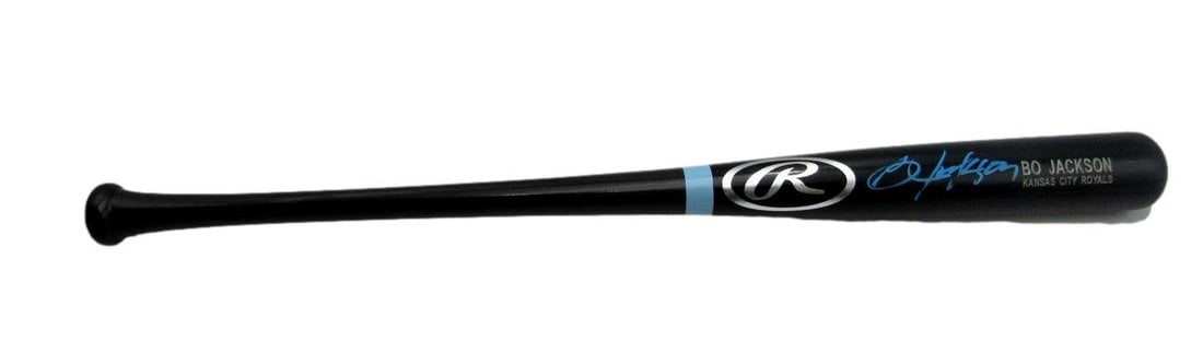 Rawlings black baseball bat signed by Bo Jackson Royals BAS authenticated: Rawlings black baseball bat signed by Bo Jackson Royals BAS authenticated Pre-owned Rawlings black baseball bat signed by Bo Jackson and associated with the Kansas City Royals. This original autograph