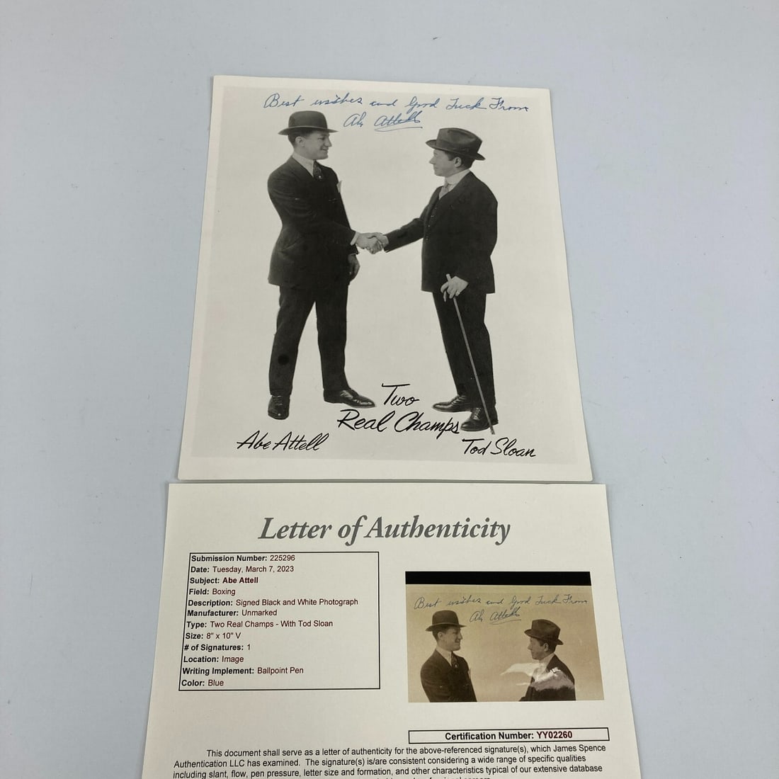 Abe Attell Autographed 8x10 Photo Boxing Legend JSA Authenticated: Abe Attell Autographed 8x10 Photo Boxing Legend JSA Authenticated This is a signed 8x10 photograph of boxing legend Abe Attell (1884-1970), authenticated by James Spence Authentication (JSA). The phot