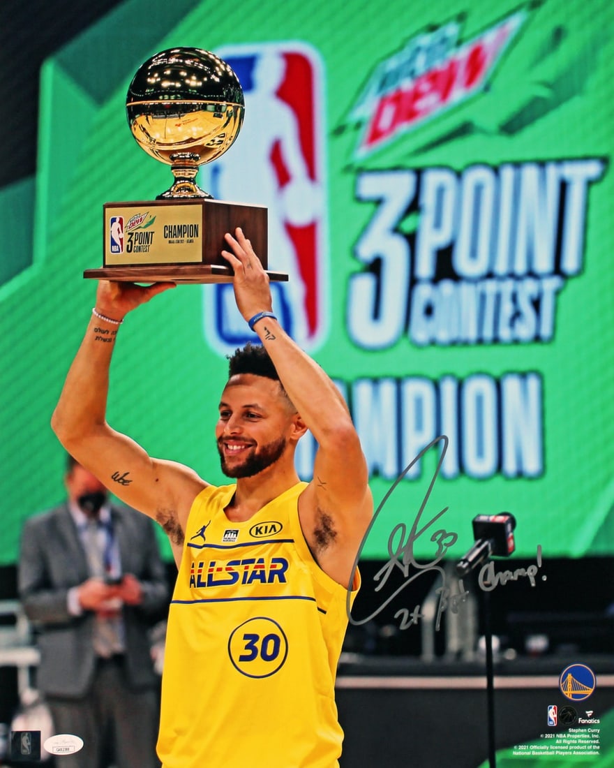 Stephen Curry signed 16x20 All-Star Game photo JSA 2x 3pt Champ: Stephen Curry signed 16x20 All-Star Game photo JSA 2x 3pt Champ This 16x20 vertical All-Star Game photo features Stephen Curry of the Golden State Warriors and is personally signed with the inscriptio