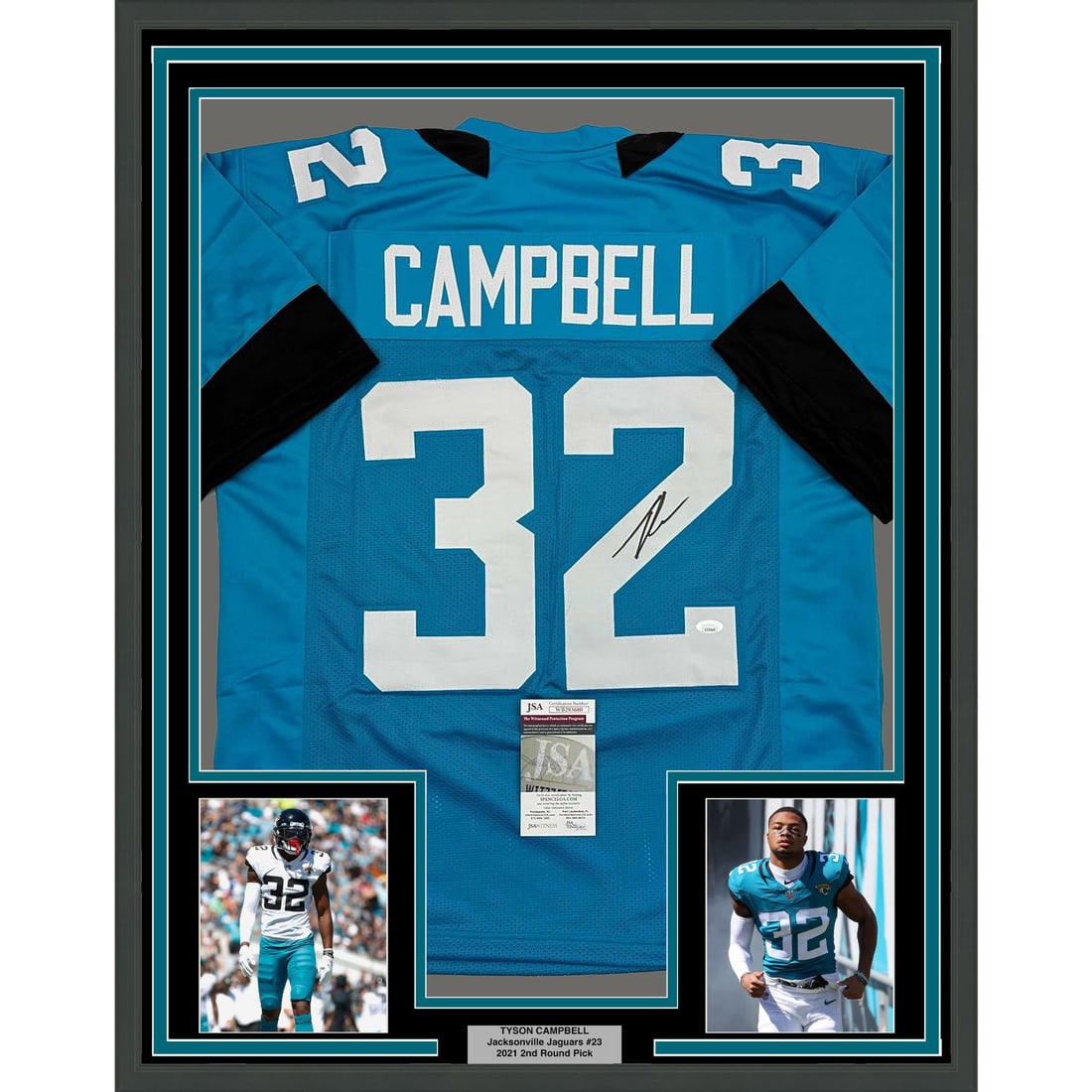 Framed Tyson Campbell Autographed 35x39 Jaguars Jersey JSA Certified: Framed Tyson Campbell Autographed 35x39 Jaguars Jersey JSA Certified Celebrate your passion for football with this professionally framed and matted autographed jersey of Tyson Campbell, a standout pla