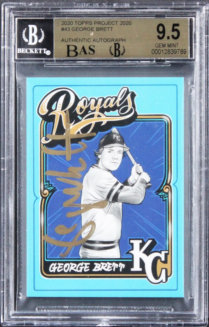 George Brett autographed Topps Project 2020 43 card Beckett 9.5 9: George Brett autographed Topps Project 2020 43 card Beckett 9.5 9 Autographed 2020 Topps Project 2020 #43 card signed by George Brett of the Kansas City Royals. The card is graded Gem Mint 9.5, with a