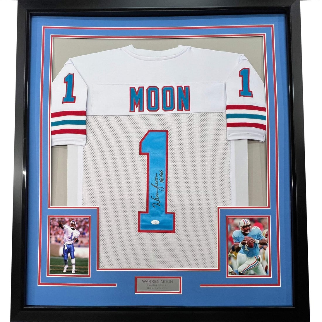 Warren Moon signed Houston Oilers framed jersey 33x42 JSA COA: Warren Moon signed Houston Oilers framed jersey 33x42 JSA COA This framed Houston Oilers white jersey is autographed by Warren Moon and features his Hall of Fame 2006 inscription. The jersey is profes