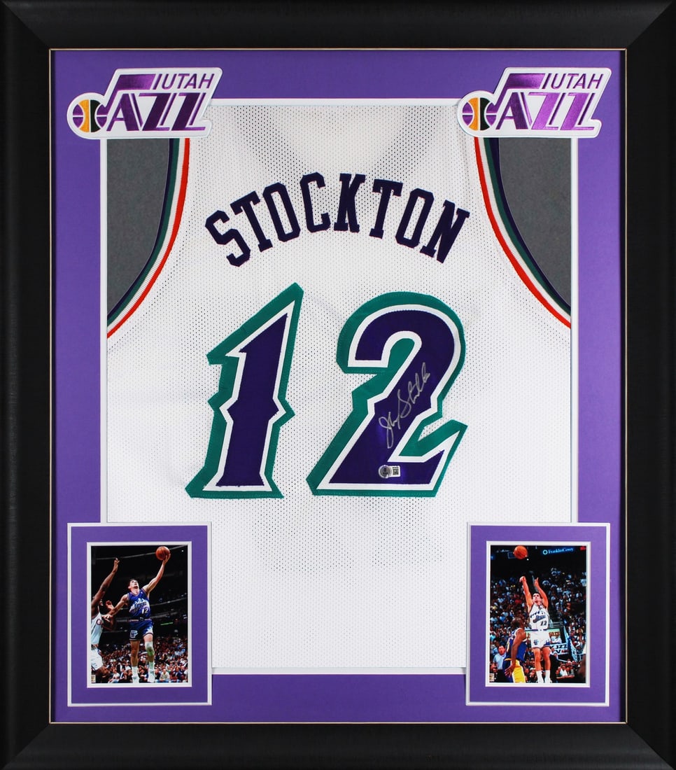 Framed Utah Jazz Jersey Signed by John Stockton with BAS Authentication: Framed Utah Jazz Jersey Signed by John Stockton with BAS Authentication This professionally framed white pro-style jersey features the authentic signature of John Stockton from the Utah Jazz. The jers