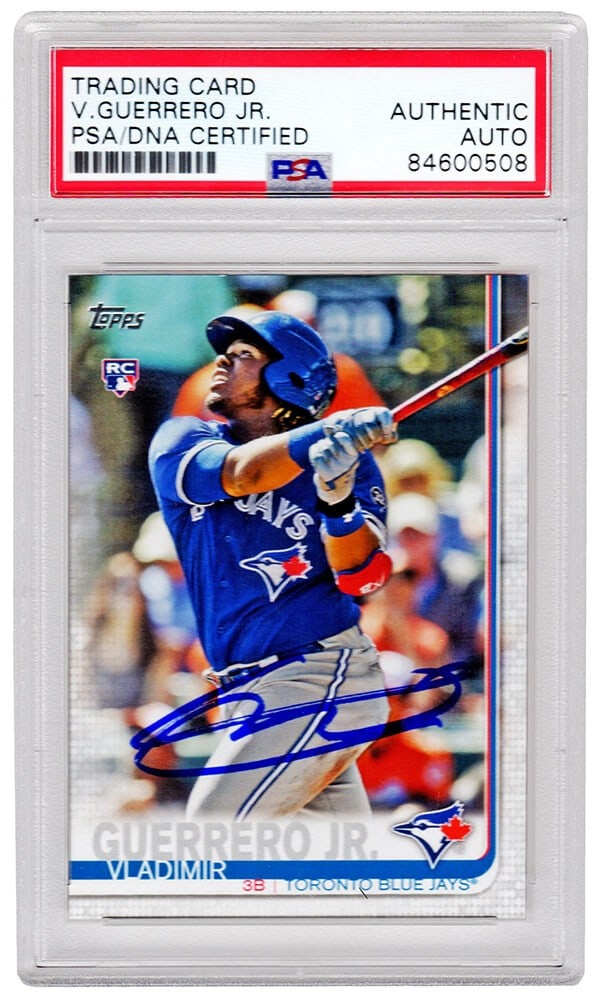 Vladimir Guerrero Jr Signed 2019 Topps Series 2 Rookie Card PSA: Vladimir Guerrero Jr Signed 2019 Topps Series 2 Rookie Card PSA Vladimir Guerrero Jr. signed Toronto Blue Jays 2019 Topps Series 2 rookie baseball trading card (no number). This card features the auto