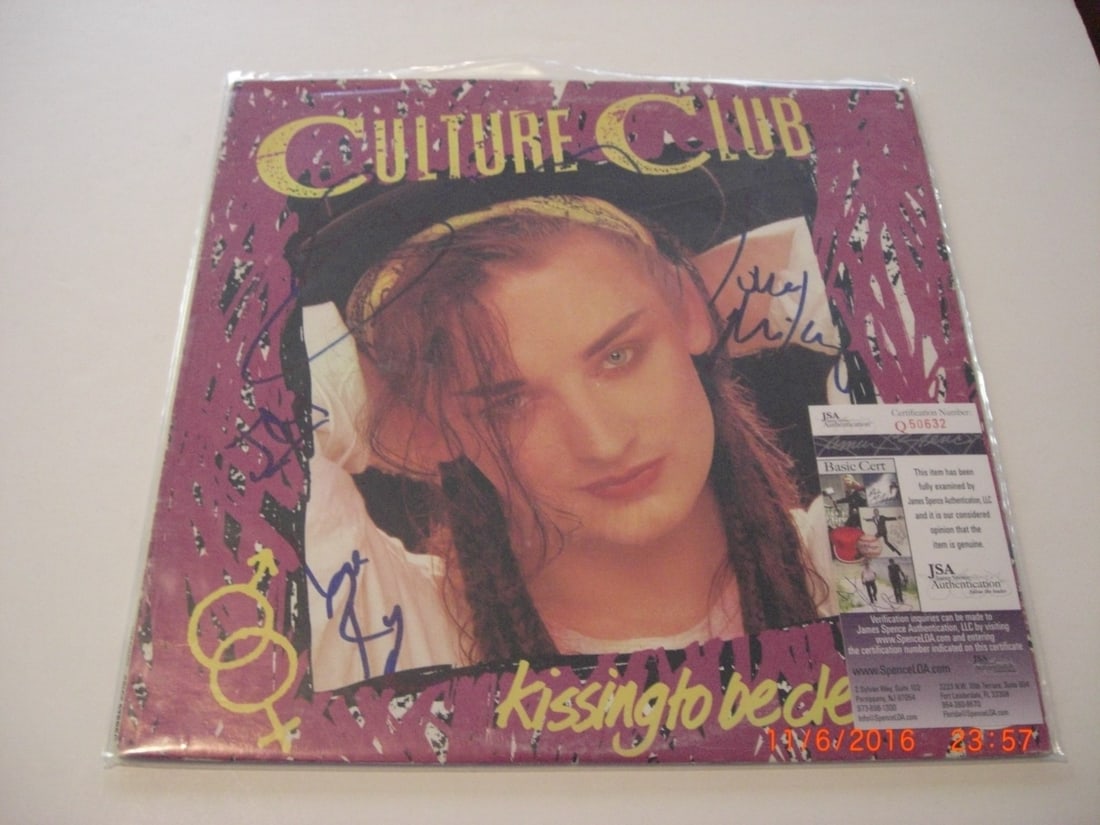 Signed Culture Club Kissing to Be Clever LP JSA COA: Signed Culture Club Kissing to Be Clever LP JSA COA This is an original "Kissing to Be Clever" LP record album by Culture Club, signed by Boy George and three additional members of the band. The album