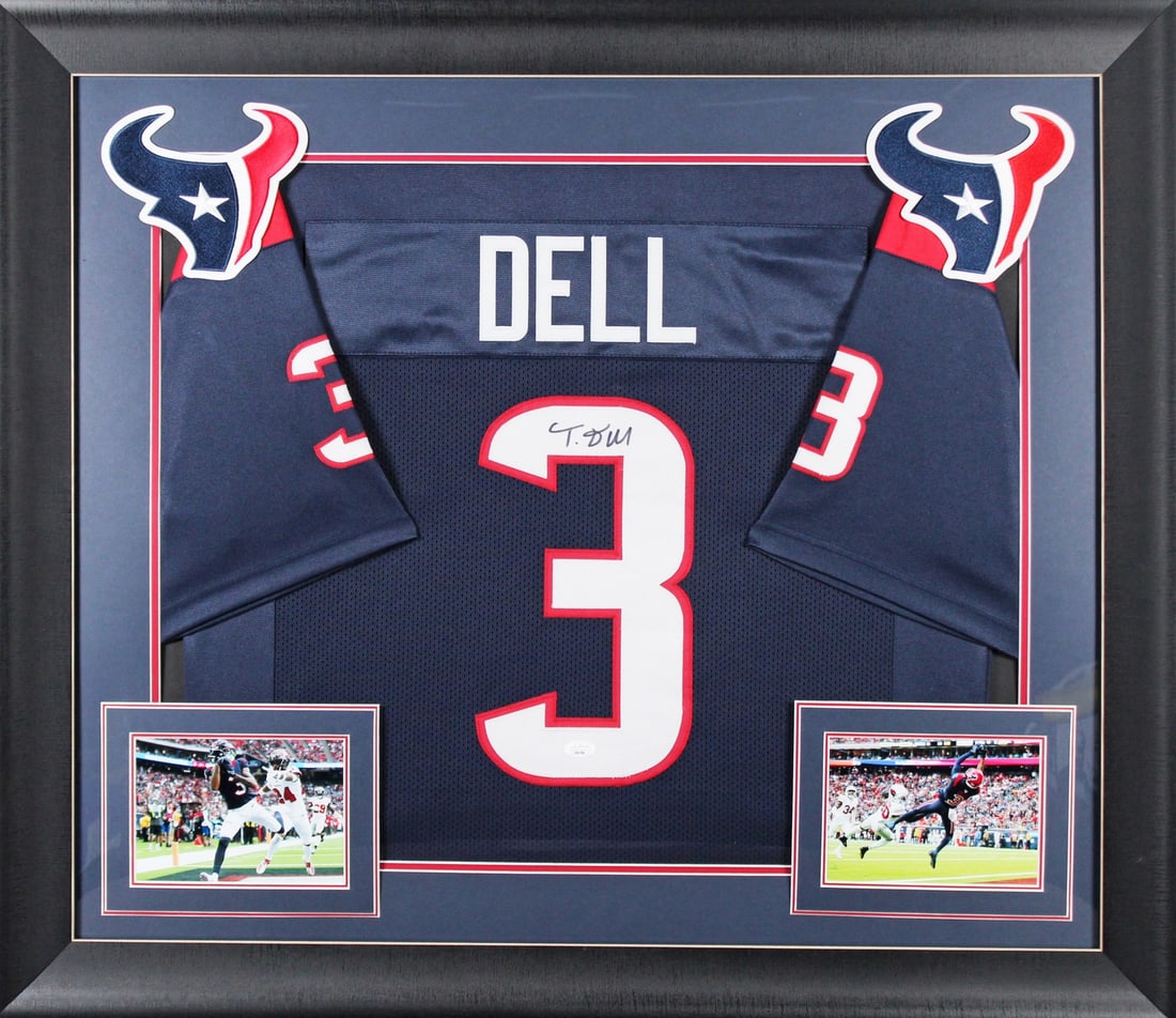 Framed Tank Dell Houston Texans Signed Navy Jersey JSA: Framed Tank Dell Houston Texans Signed Navy Jersey JSA This is an autographed navy blue pro style framed jersey personally signed by Tank Dell of the Houston Texans. It is an original item, profession