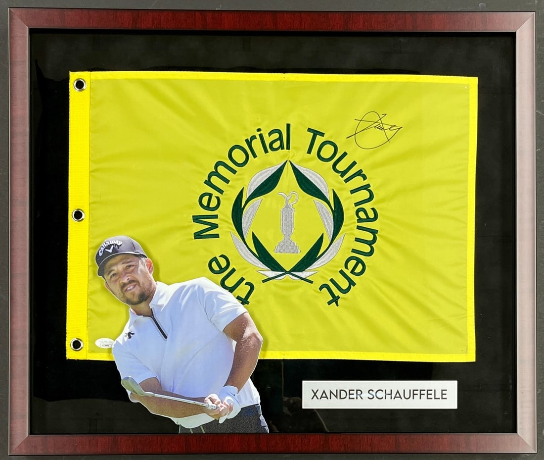 Xander Schauffele Signed Memorial Tournament Flag Custom Framed JSA Authenticated: Xander Schauffele Signed Memorial Tournament Flag Custom Framed JSA Authenticated This professionally framed display features a signed pin flag from the prestigious Memorial Tournament, showcasing the