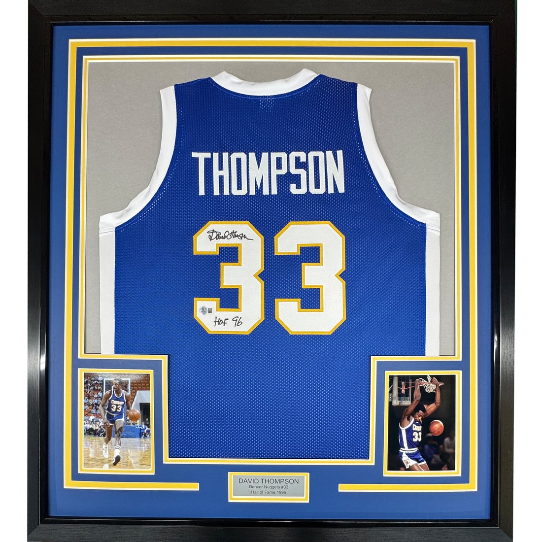 Framed David Thompson Autographed Denver Nuggets Jersey JSA COA 35x39 HOF 96: Framed David Thompson Autographed Denver Nuggets Jersey JSA COA 35x39 HOF 96 This exquisite framed display features an autographed Denver Nuggets jersey signed by NBA legend David Thompson. The jersey