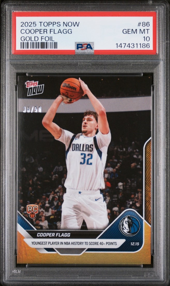 2025 Topps Now Cooper Flagg Gold Foil PSA 10 Rookie Card: 2025 Topps Now Cooper Flagg Gold Foil PSA 10 Rookie Card This is a 2025 Topps Now Cooper Flagg #86 Gold Foil sports trading card, graded PSA 10 Gem Mint. The card features Cooper Flagg of the Dallas M