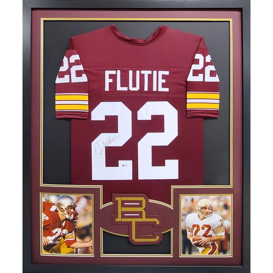 Doug Flutie Autographed Framed Jersey Beckett Authenticated Boston College: Doug Flutie Autographed Framed Jersey Beckett Authenticated Boston College This is a framed autographed jersey of Doug Flutie, showcasing the legendary Boston College logo. Authenticated by Beckett, a