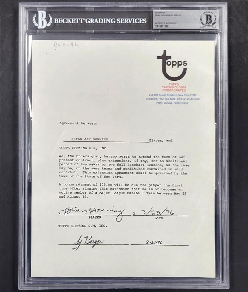 Brian Downing 1976 Topps Signed Contract Beckett Authenticated: Brian Downing 1976 Topps Signed Contract Beckett Authenticated This is an original contract for a signed 1976 Topps Autograph Card featuring Brian Downing. The contract is authenticated by Beckett Aut