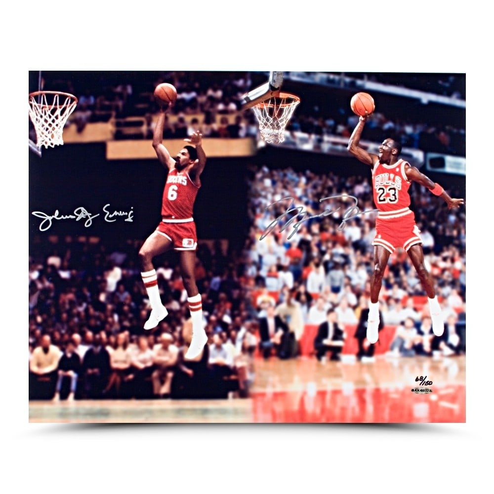 Michael Jordan Julius Erving Dual Signed 16x20 Photo Limited Edition 150 Upper Deck: Michael Jordan Julius Erving Dual Signed 16x20 Photo Limited Edition 150 Upper Deck This striking dual autographed photo features basketball legends Michael Jordan and Julius Erving, showcasing their 