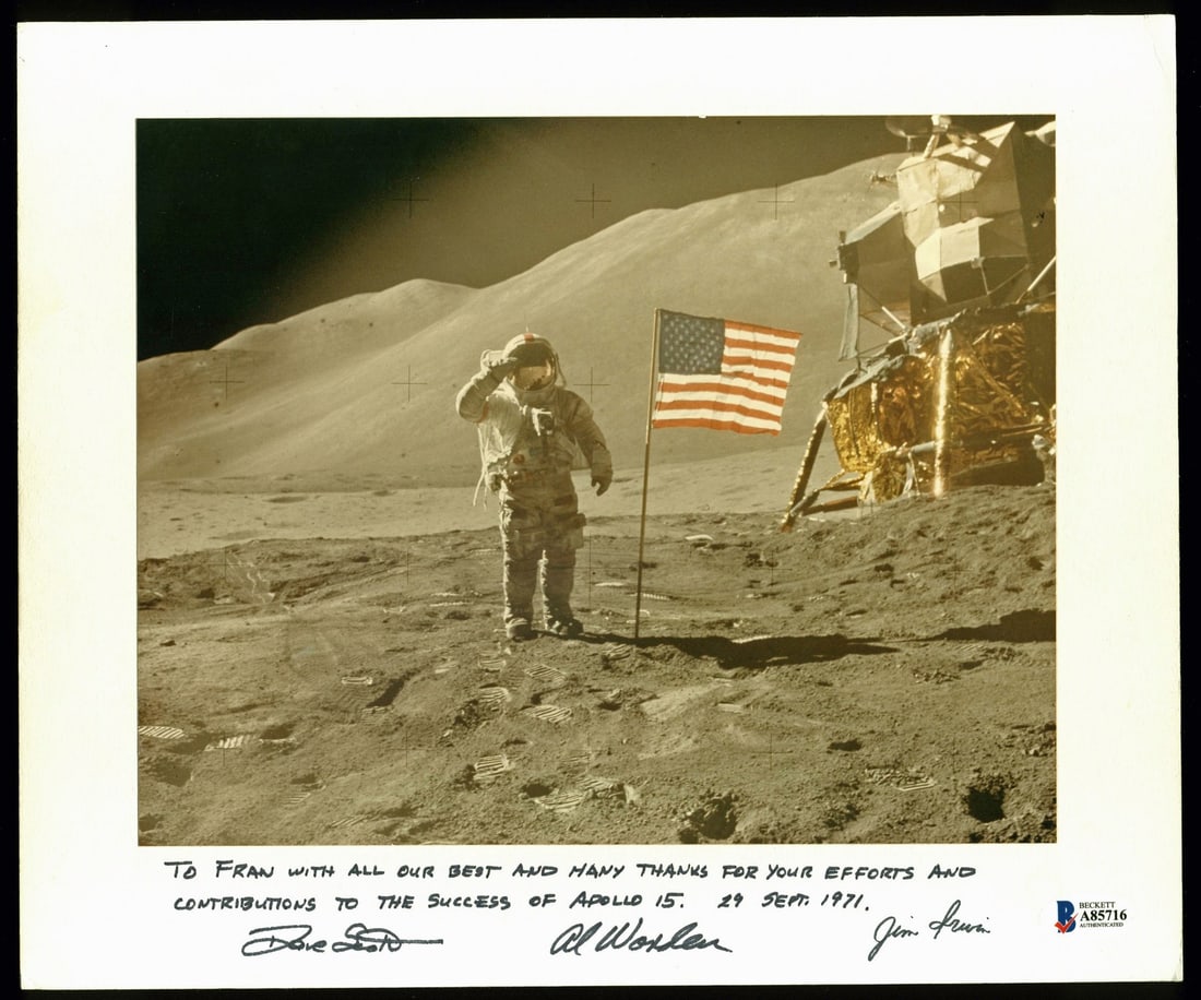 Apollo 15 Crew Signed 8x10 Photo by Scott Worden Irwin BAS Authenticated: Apollo 15 Crew Signed 8x10 Photo by Scott Worden Irwin BAS Authenticated This remarkable autographed 8x10 photo features the Apollo 15 crew members, Dave Scott, Al Worden, and Jim Irwin. The photo is 