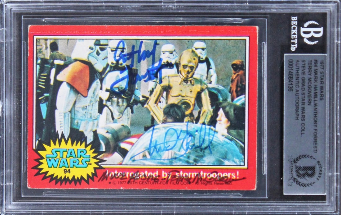 Beckett Slabbed 1977 Star Wars Card Signed by Hamill Forrest McGovern: Beckett Slabbed 1977 Star Wars Card Signed by Hamill Forrest McGovern This is an original 1977 Star Wars #94 trading card, personally signed by Mark Hamill, Anthony Forrest, and Terry McGovern. The ca