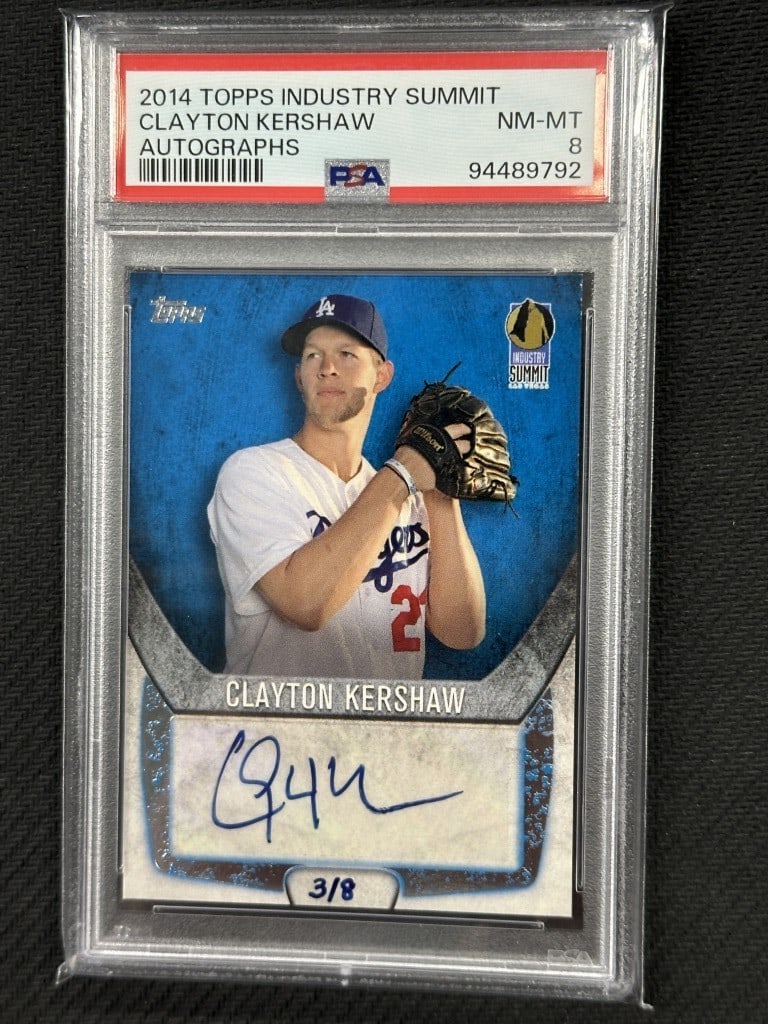 Clayton Kershaw 2014 Topps Industry Summit Autograph PSA 8 Dodgers: Clayton Kershaw 2014 Topps Industry Summit Autograph PSA 8 Dodgers This is a 2014 Topps Industry Summit Autograph baseball card featuring Clayton Kershaw of the Los Angeles Dodgers. The card is graded