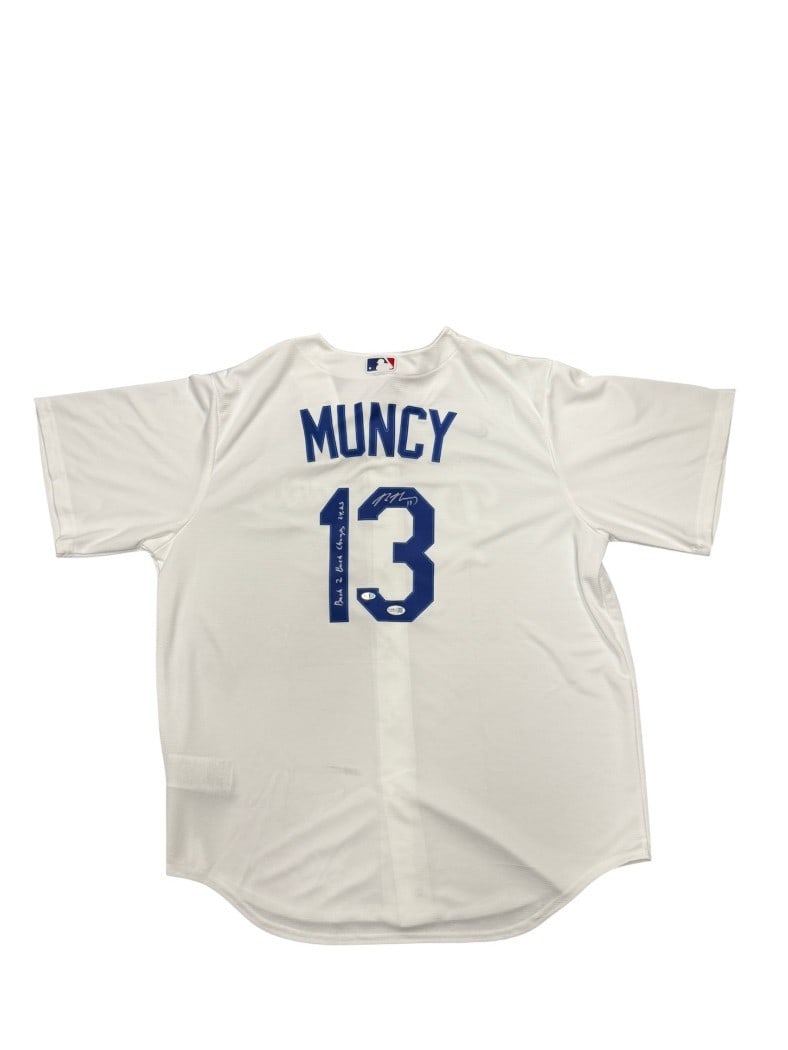 Max Muncy autographed Dodgers jersey JSA Back 2 Back Champs 24 25: Max Muncy autographed Dodgers jersey JSA Back 2 Back Champs 24 25 This is a Los Angeles Dodgers jersey autographed by Max Muncy, featuring the inscription "Back 2 Back Champs 24, 25." The jersey is au