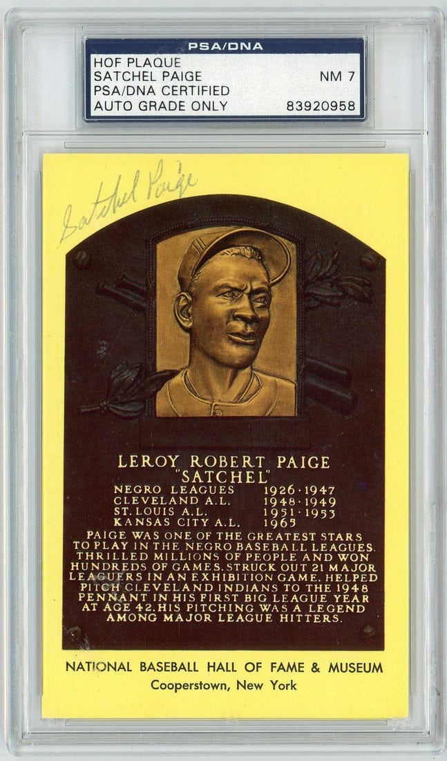 PSA 7 Satchel Paige Hall of Fame signed postcard: PSA 7 Satchel Paige Hall of Fame signed postcard This is a 1964 Baseball Hall of Fame plaque postcard featuring Satchel Paige. The postcard is autographed by Satchel Paige and has been encapsulated an