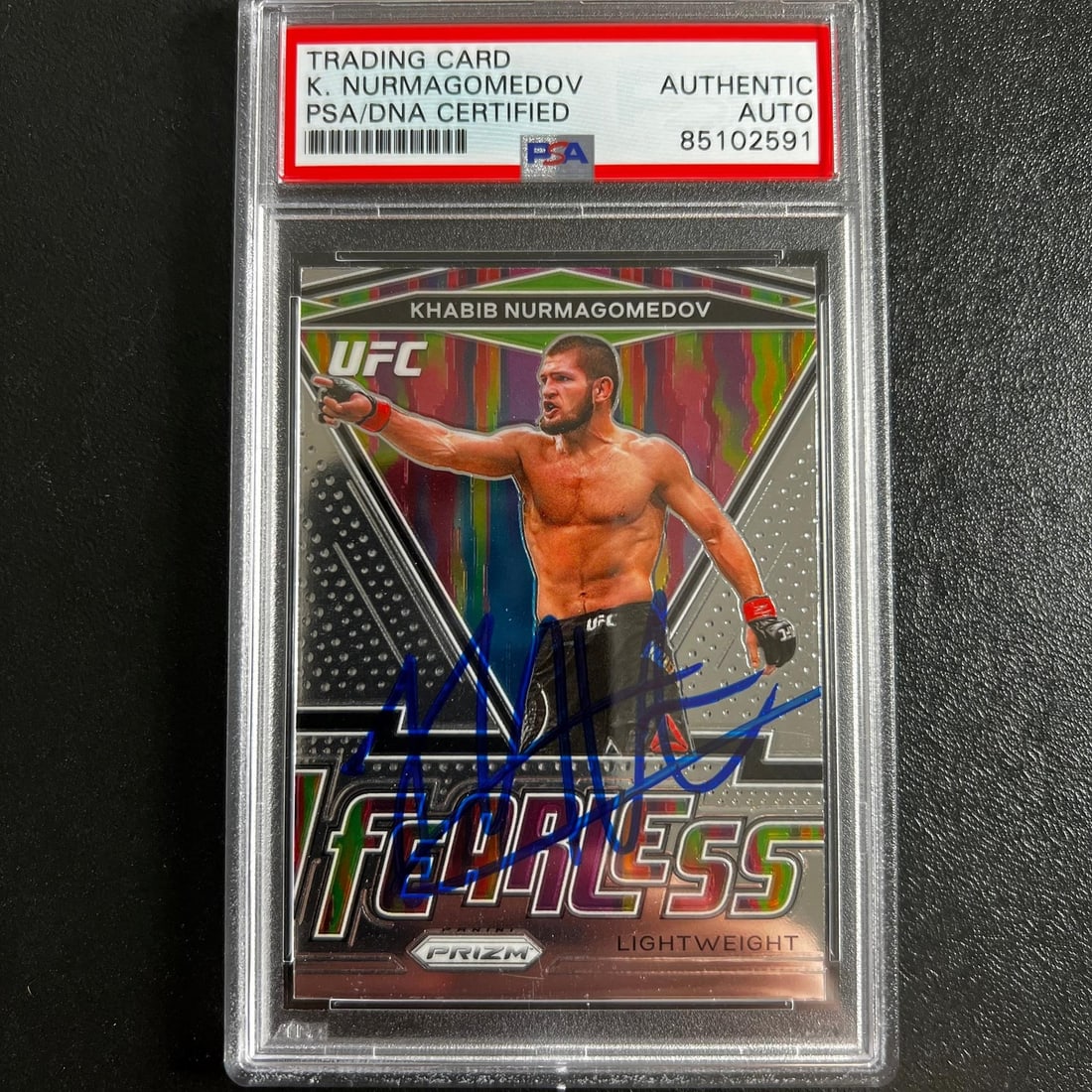 Khabib Nurmagomedov 2021 Prizm UFC Autographed Card Authenticated by PSA: Khabib Nurmagomedov 2021 Prizm UFC Autographed Card Authenticated by PSA This is a 2021 Panini Prizm #22 sports trading card featuring Khabib Nurmagomedov from the Ultimate Fighting Championship (UFC)